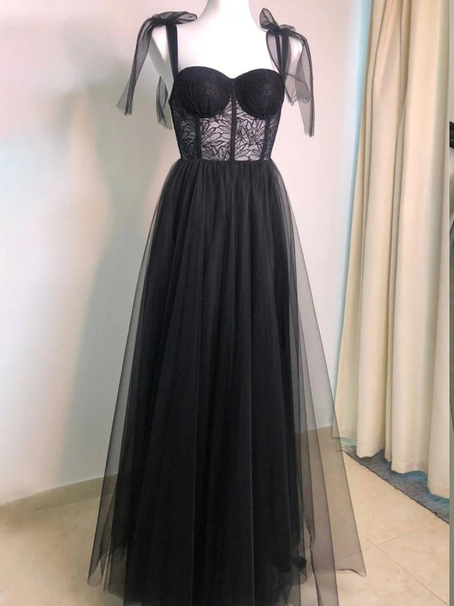 Black Lace A-line Corset Sweetheart Neckline Tulle Sleeveless Exquisite Wedding Guest Dress Long Hot Sale Prom Dresses