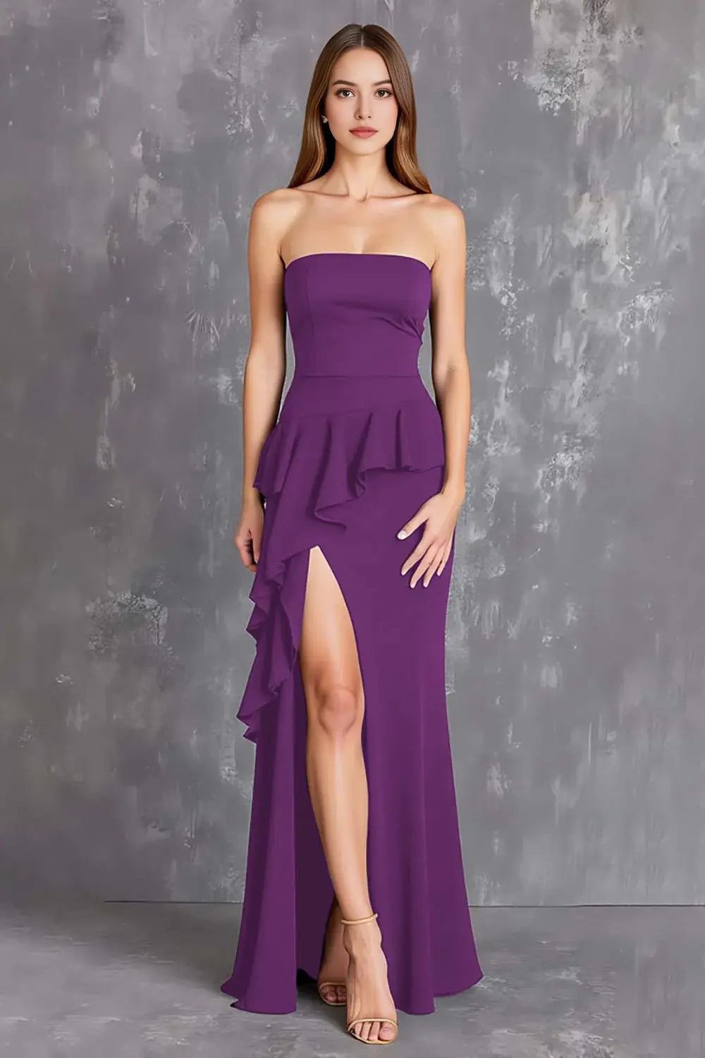 Fashion Black Satin Sheath Strapless Tiers Ruched with Slit Long Formal Dress Hot Sale Evening Dresses
