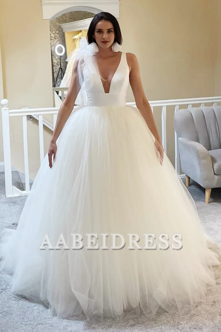 AABEI DRESS Exquisite Romantic Charming Wedding Dress Tulle Plunge Deep V Open Back Ball Gown with Bow Formal Dresses