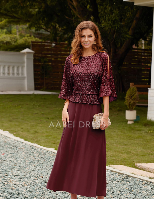 AABEI DRESS High Quality Mother of The Bride Dress Sequin Long sleeves Chiffon Dress Sparkle Gown Formal Dresses