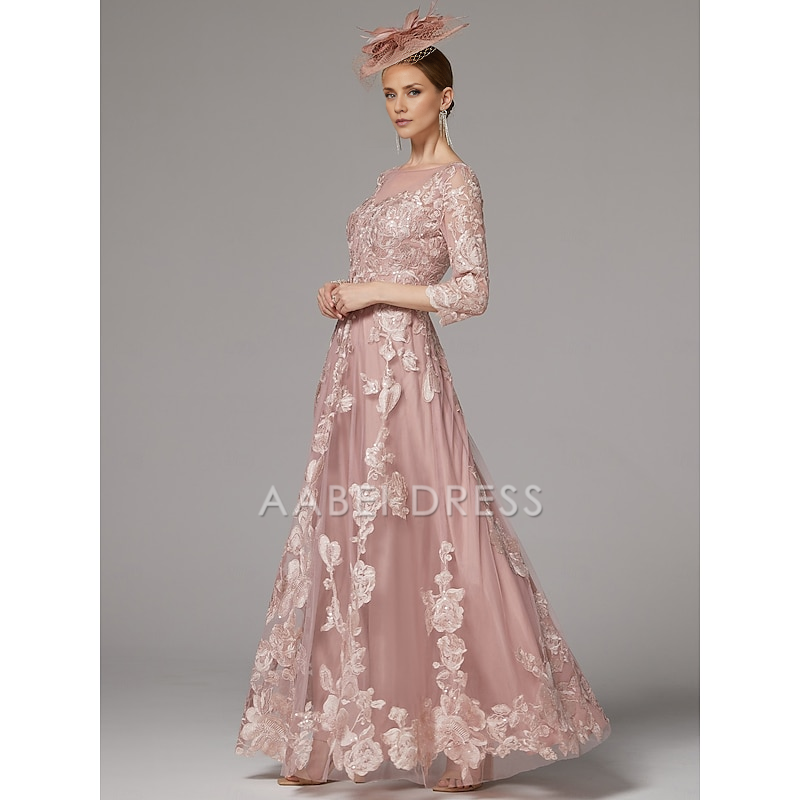 AABEI DRESS Wedding Guest Dress Exquisite A-Line Jewel Neck 3/4 Length Sleeve Beach Wedding Floor Length Lace Pleats Appliques Gorgeous Mother of the Bride Dress