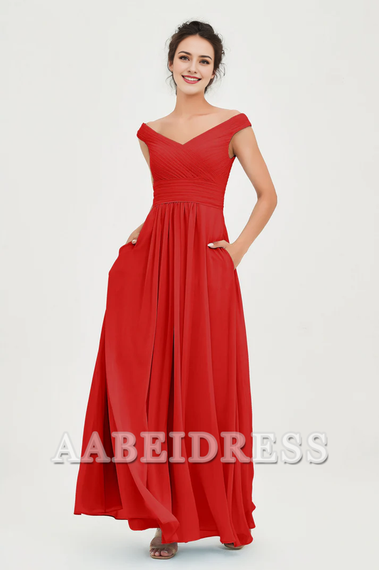 AABEI DRESS Bridesmaid Dresses Chiffon A-Line V-Neck Sleeveless Off-Shoulder Pleated Dresses Wedding Guests Dresses