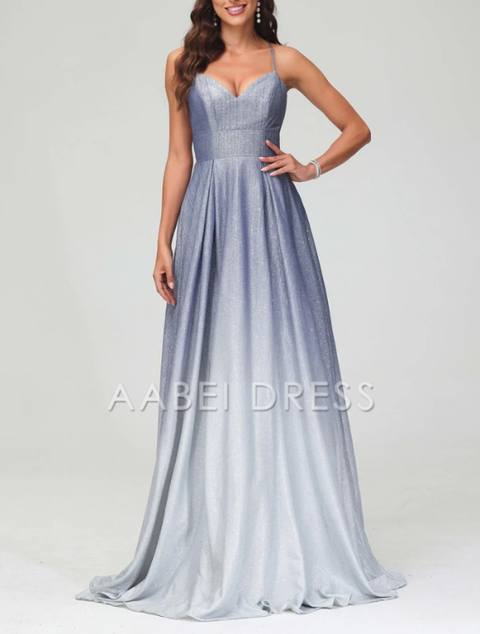 AABEI DRESS Exquisite Elegant A-Line V Neck Spaghetti Straps Backless Lace Up Dress Sweep Train Glitter Evening Dress