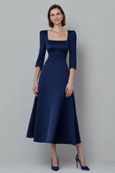 Elegant Navy Satin A Line Square Neck with Sleeves Formal  Simple Wedding Guest Dress For Women Hot Sale Mother of the Bride Dress
