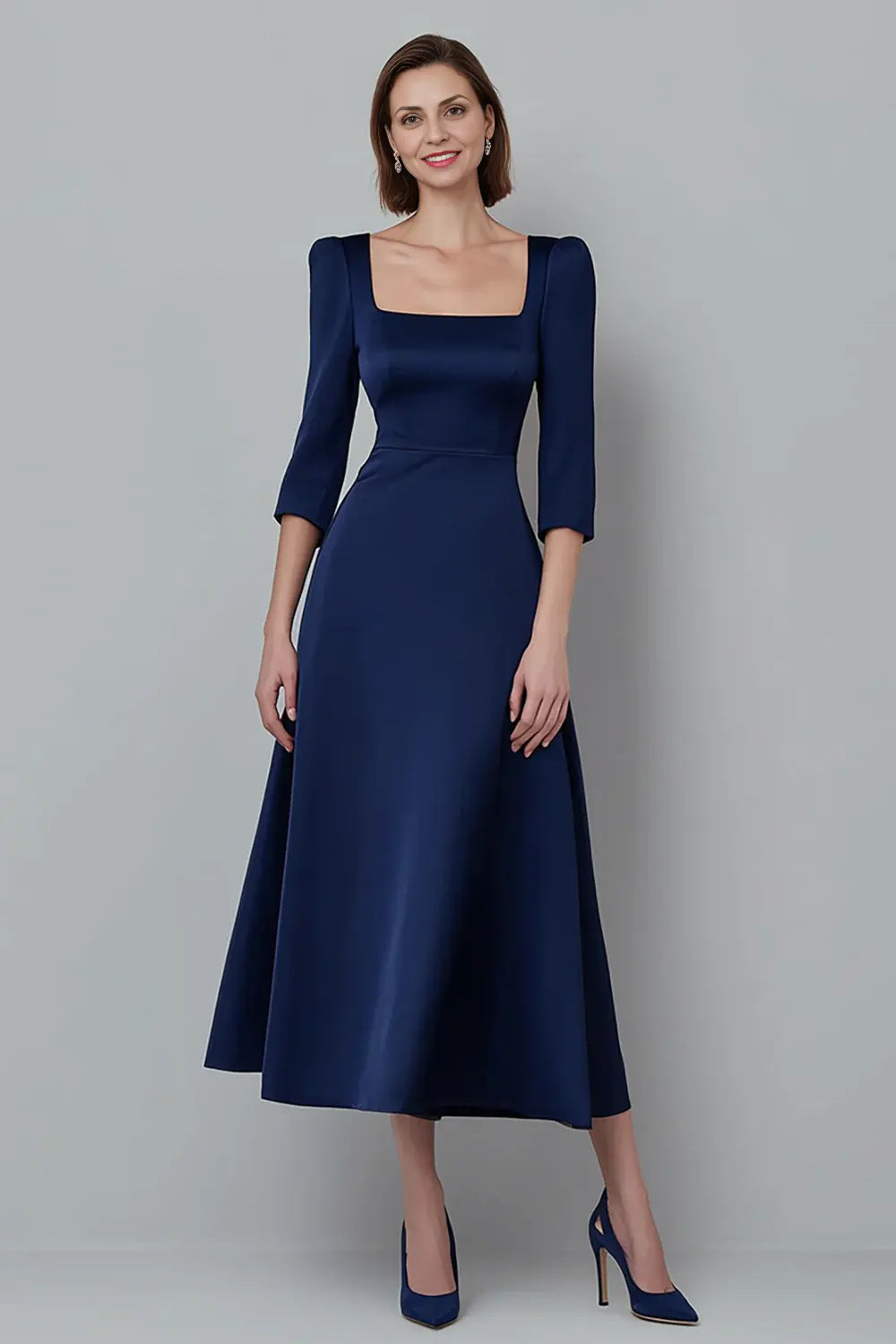 Elegant Navy Satin A Line Square Neck with Sleeves Formal  Simple Wedding Guest Dress For Women Hot Sale Mother of the Bride Dress