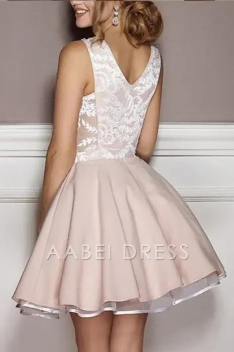 AABEI DRESS New Homecoming Dress A-line Deep V-neck Sexy Appliques Sleeveless Junior Dresses Cute Short Prom Dress
