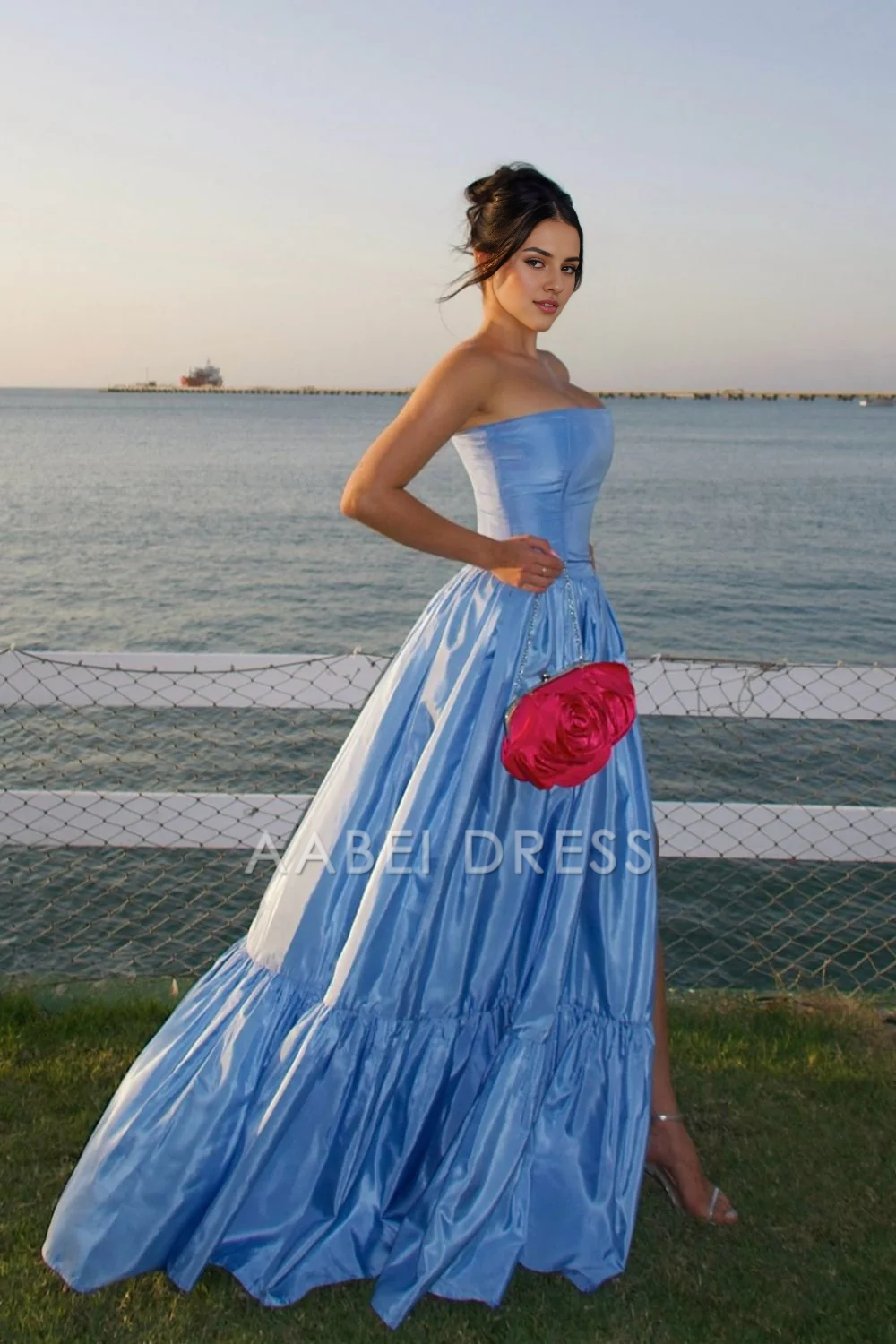 AABEI DRESS Hot Sale Prom Dress Charming A Line Strapless Satin Long with Split Front Elegant Formal Dress