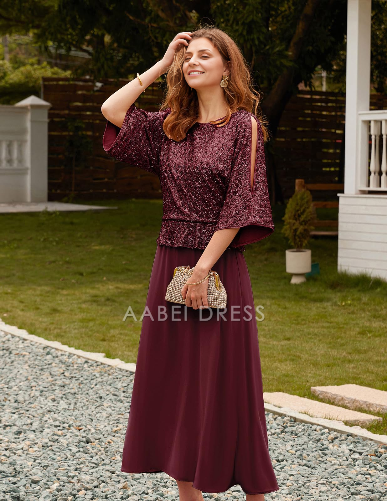 AABEI DRESS High Quality Mother of The Bride Dress Sequin Long sleeves Chiffon Dress Sparkle Gown Formal Dresses