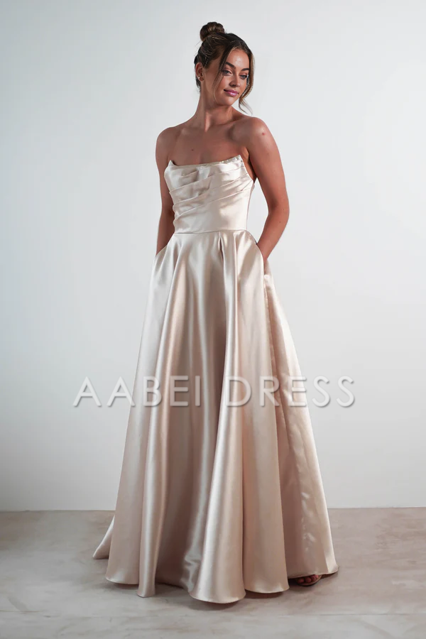 AABEI DRESS Prom Dress Strapless Gown With Straight Neckline Pockets Pleated Slit Leg Elegant Dress