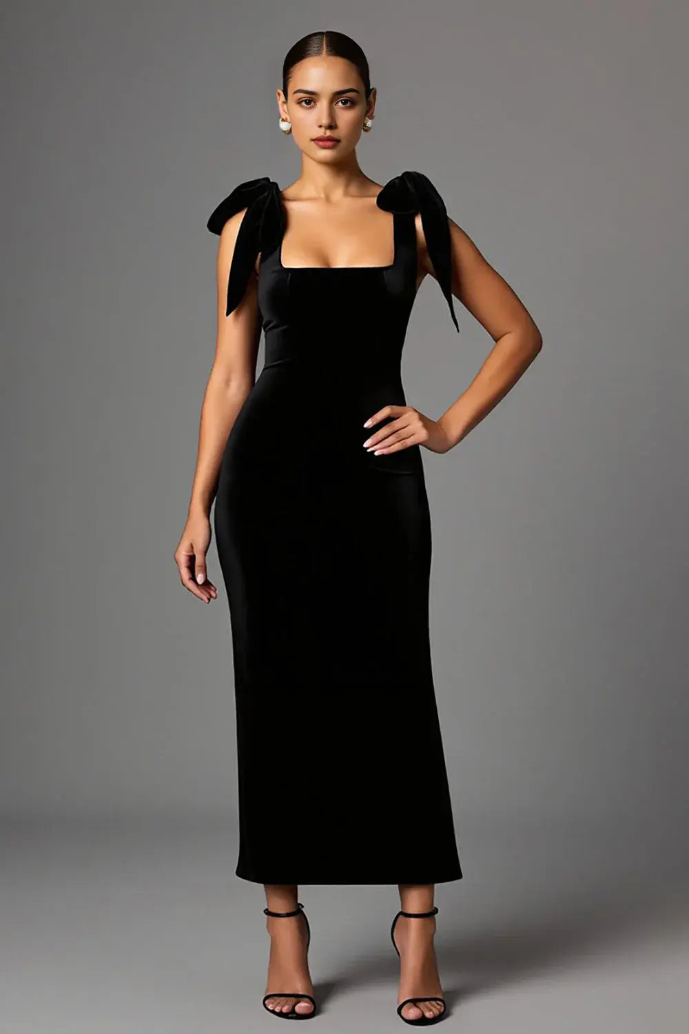 Elegant Black Sheath Square Neck Sleeveless Satin Long Formal Dress Hot Sale Evening Dresses