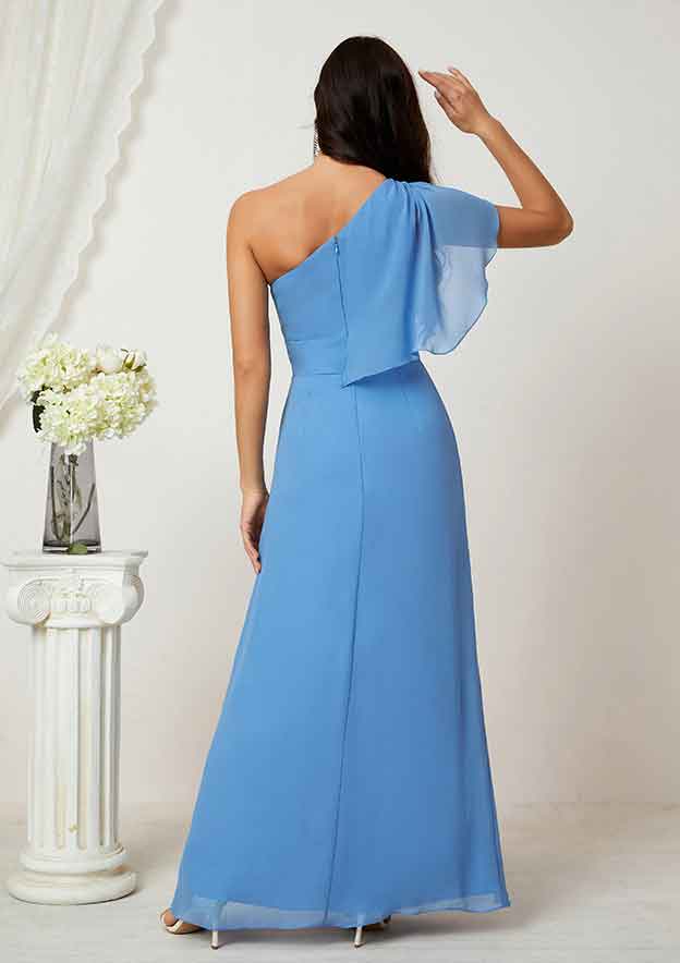 Elegant Blue Chiffon A-line One-Shoulder Sleeveless Ruffles With Split Affordable Floor-Length Bridesmaid Dress
