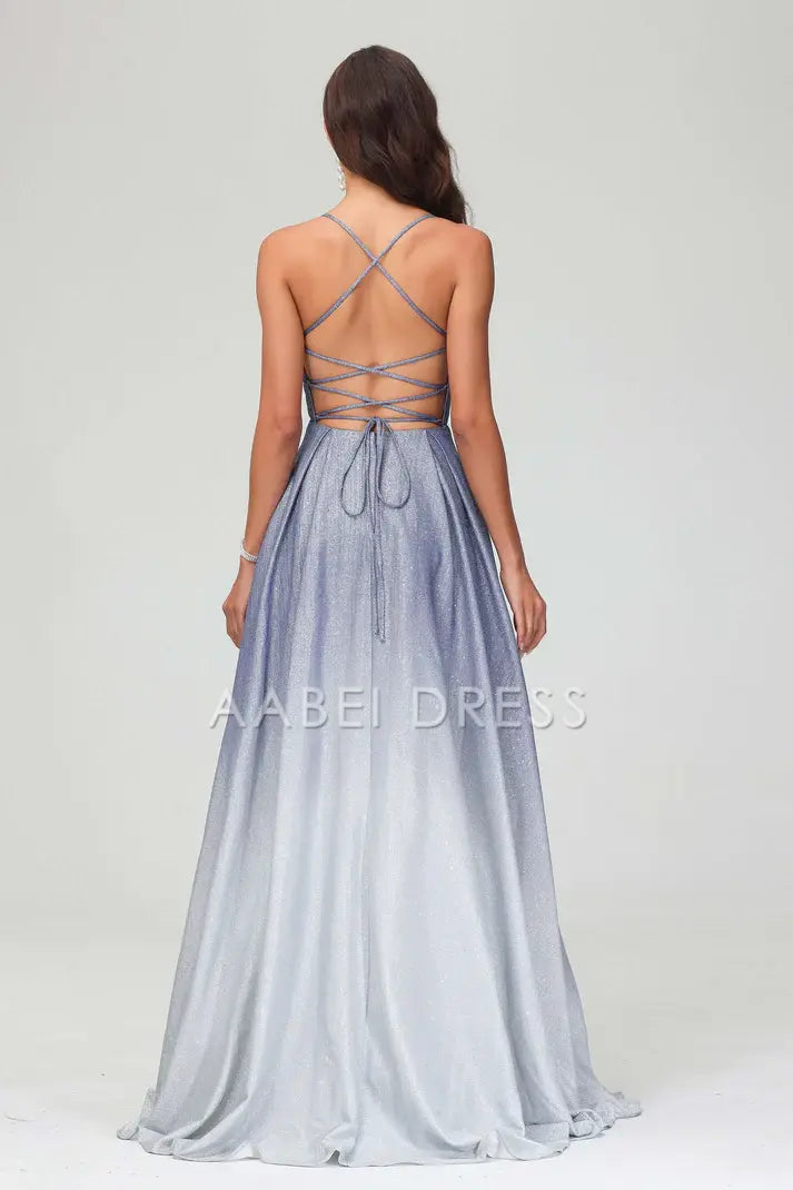 AABEI DRESS Exquisite Elegant A-Line V Neck Spaghetti Straps Backless Lace Up Dress Sweep Train Glitter Evening Dress