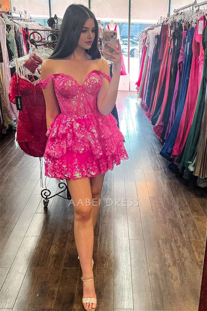 AABEI DRESS New Homecoming Dress Charming A Line Off the Shoulder Sweetheart Sequin Layering Ruffle Sparkle Short Prom Dresse