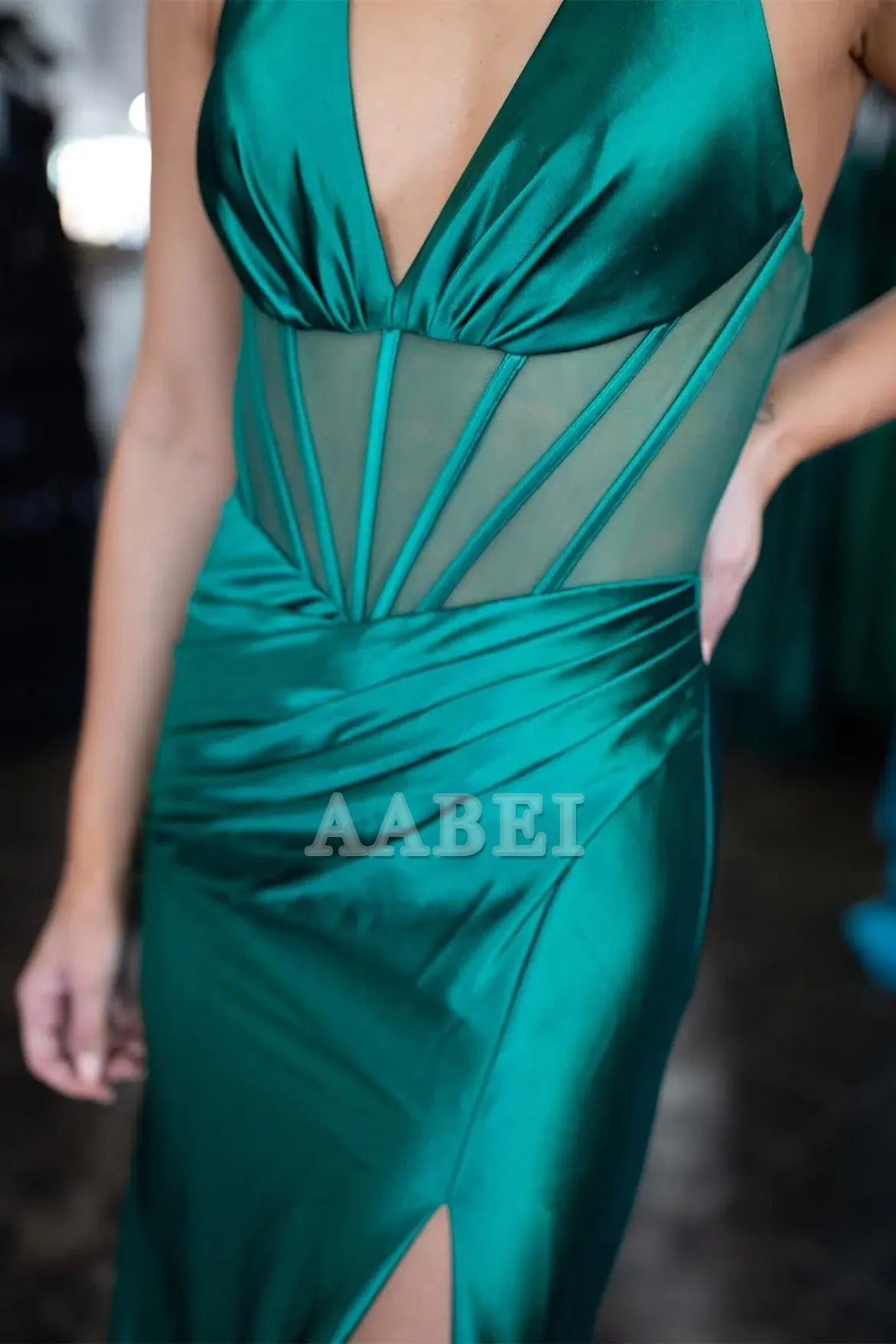 Evening Dress Deep V Neck Mermaid Cultivate oneself Halter Sheer Bodice Pleated Sweep Train Side Fork Fashion Formal Women's Dresses