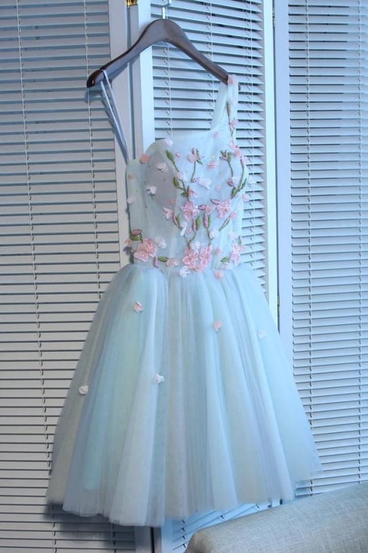 AABEI DRESS Homecoming Dress A Line One Shoulder Juniors Tulle Cute Graduation Dress with Flower Fashion Prom Dress