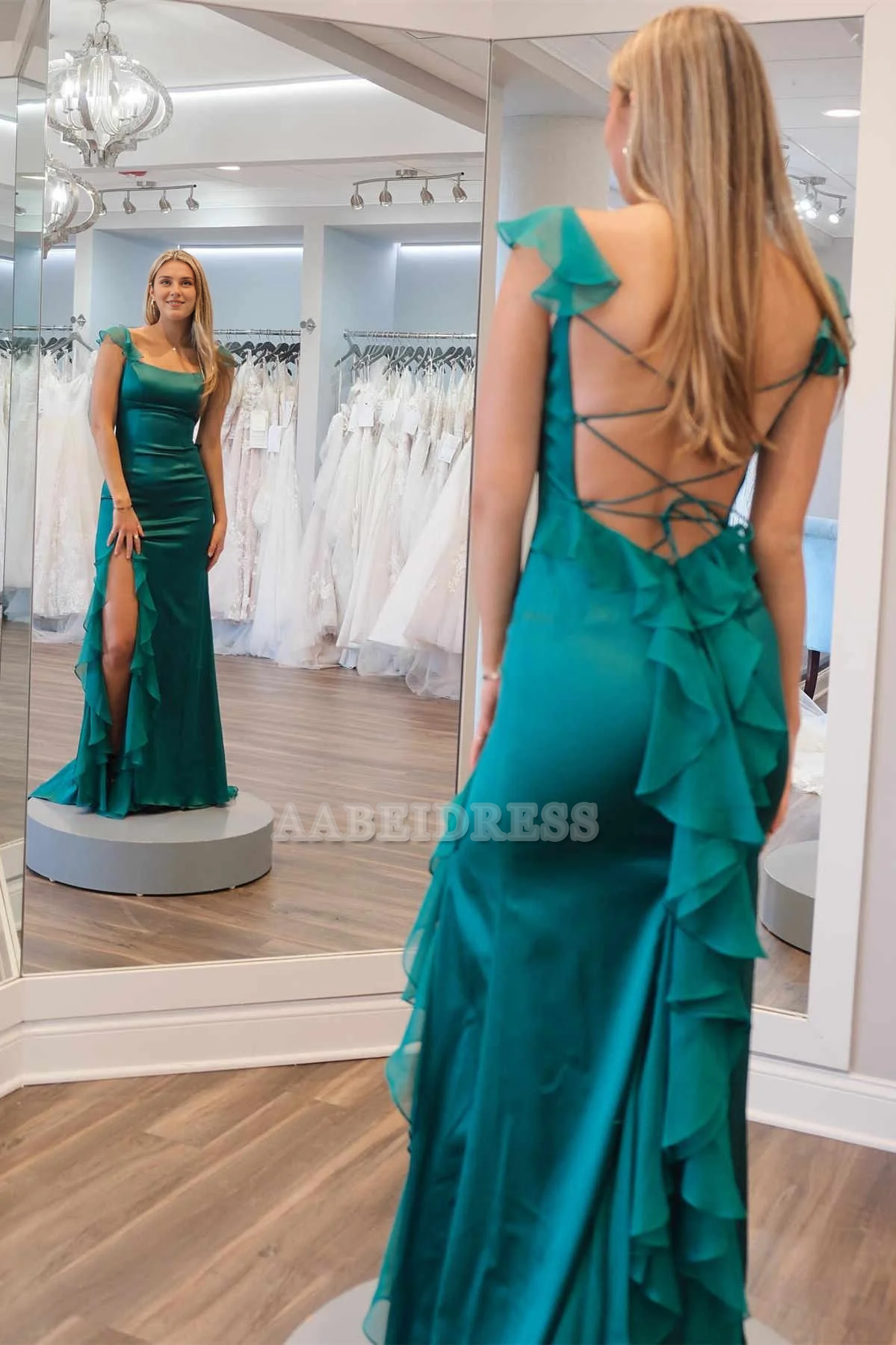 Evening Dress Square Neck Ruffle Slit Backless Sweep Train Prom Dress Elegant Exquisite Formal Women's Dresses