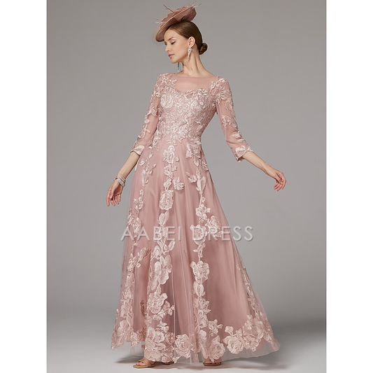 AABEI DRESS Wedding Guest Dress Exquisite A-Line Jewel Neck 3/4 Length Sleeve Beach Wedding Floor Length Lace Pleats Appliques Gorgeous Mother of the Bride Dress