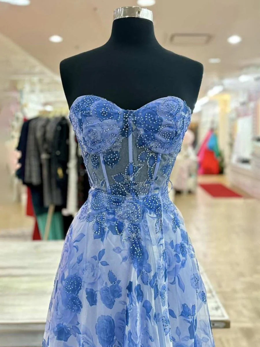 Blue Printing A-Line Strapless Sweetheart Neckline Beadwork Exquisite Retro Wedding Guest Dress Long Hot Sale Prom Dresses