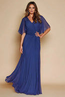 Charming Dark Blue A Line V-Neck with Flutter Sleeves Lace Pleated Long Wedding Guest Dress For Women Hot Sale Mother of the Bride Dress