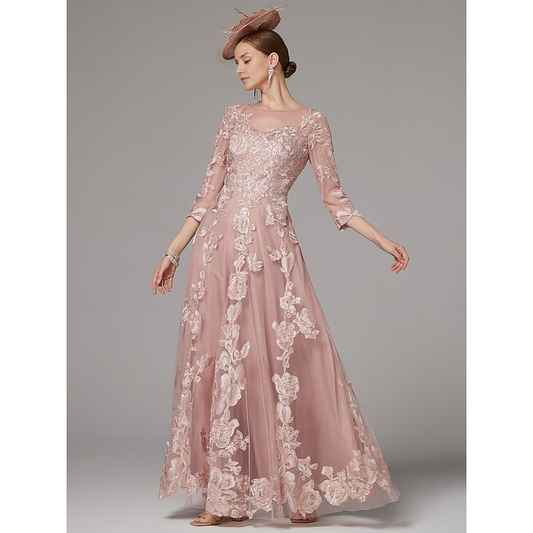 AABEI DRESS Wedding Guest Dress Exquisite A-Line Jewel Neck 3/4 Length Sleeve Beach Wedding Floor Length Lace Pleats Appliques Gorgeous Mother of the Bride Dress