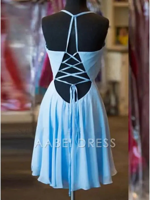 AABEI DRESS New Homecoming Dress A-Line Halter Backless Criss-Cross Straps Chiffon Pleats Sexy Short Prom Dress