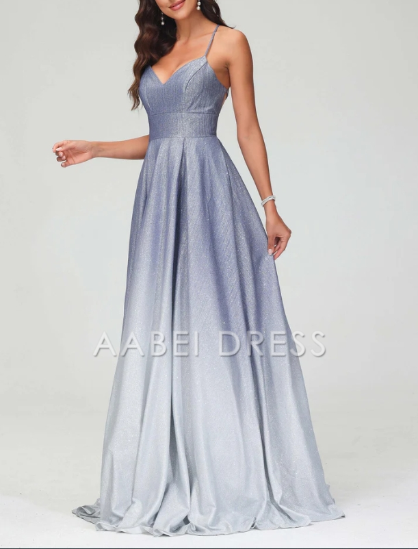 AABEI DRESS Exquisite Elegant A-Line V Neck Spaghetti Straps Backless Lace Up Dress Sweep Train Glitter Evening Dress