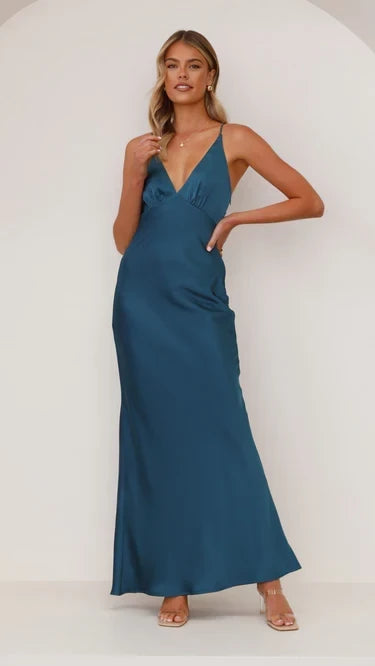 Sleek Sheath Deep V Spaghetti Strap Open Back Floor Length Evening Dress