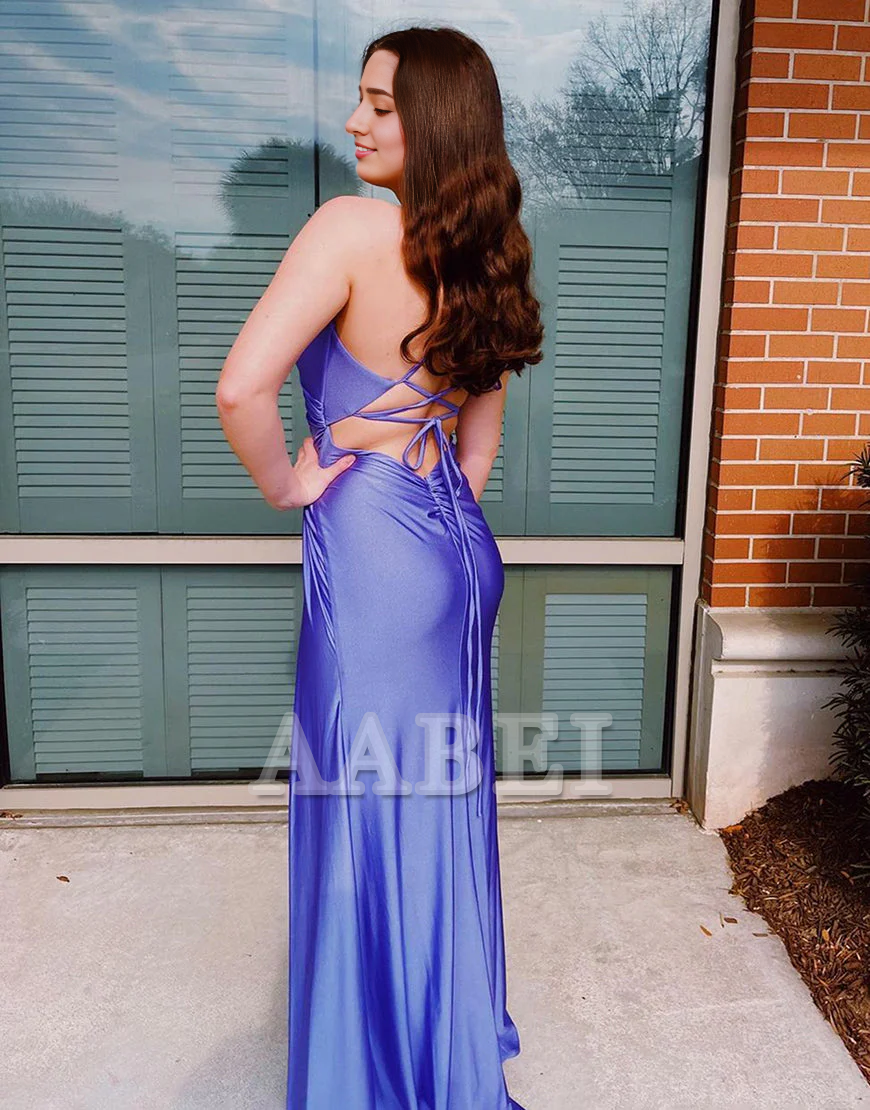 Evening Dress Sheath Spaghetti Straps Corset Pleated Prom Dress Backless Side Fork Formal Women's Dresses
