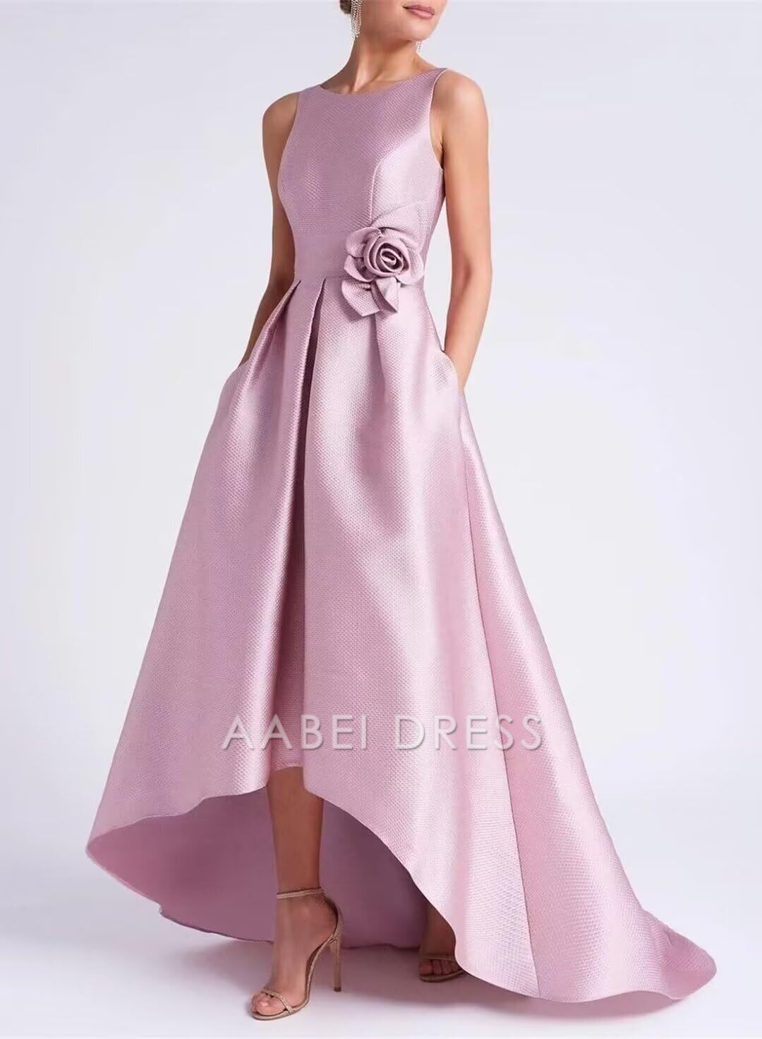 AABEI DRESS High Quality Mother of The Bride Dress A Line Satin Hi-Low Dresses Crew Neck Dress with Pockets Elegance Formal Dresses