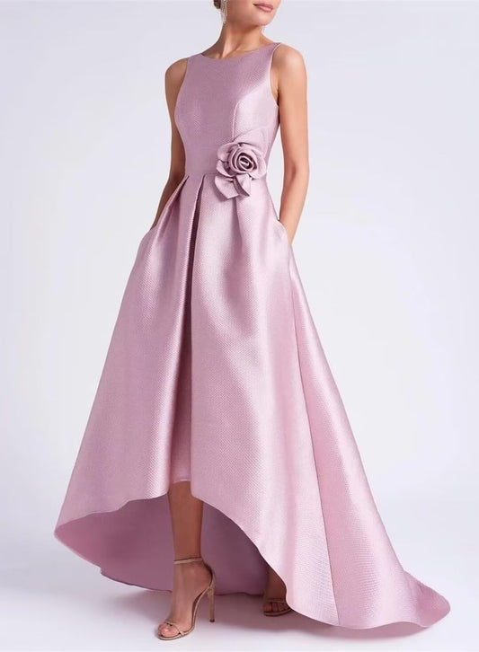 AABEI DRESS High Quality Mother of The Bride Dress A Line Satin Hi-Low Dresses Crew Neck Dress with Pockets Elegance Formal Dresses