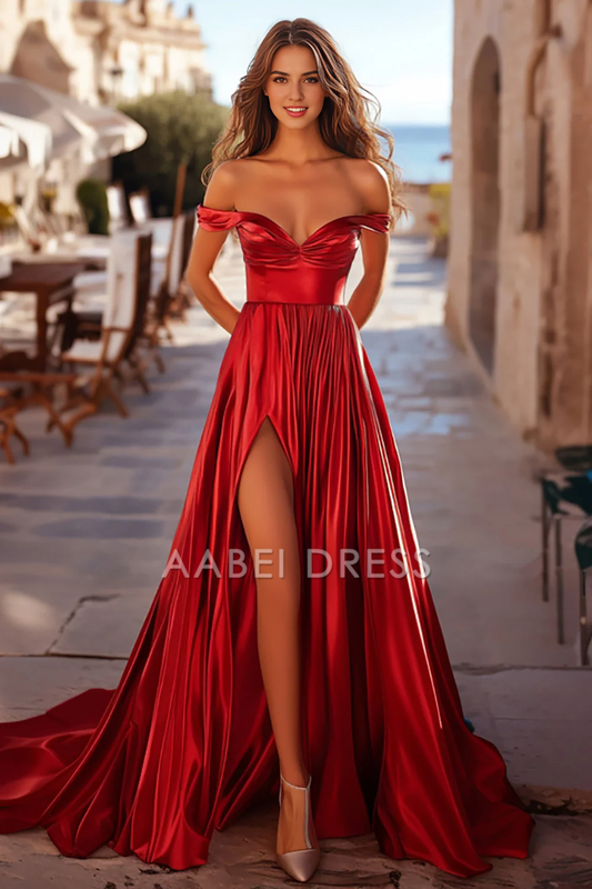 AABEI DRESS Hot Sale Prom Dress Satin A Line Sweetheart Off The Shoulder Pleated Elegant Long With Slit Formal Dress