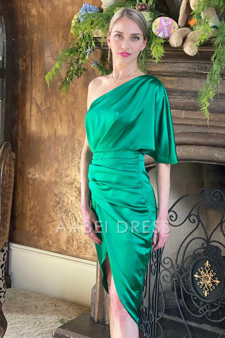 AABEI DRESS High Quality Mother of The Bride Dress Elegant One-Shoulder Tulip Hem Pleated Asymmetrical Tea-Length Dresses Formal Dresses