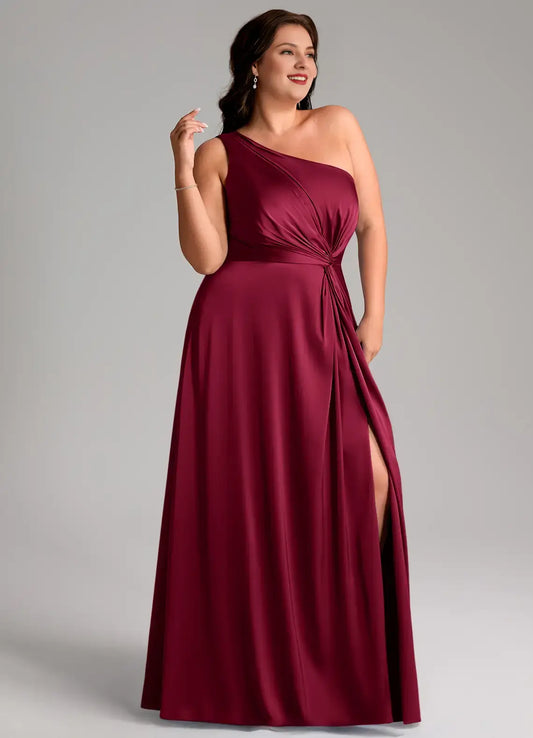 Elegant Burgundy A-Line One Shoulder Sleeveless Knot Pleated Side Fork Simple Plus Size Formal Dress Hot Sale Prom Dress