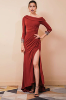 AABEI DRESS High Quality Mother of The Bride Dress Off-the-Shoulder Pleated Mermaid Dress Long sleeves Rhinestone Cuffs Side Fork Dress Formal Dress