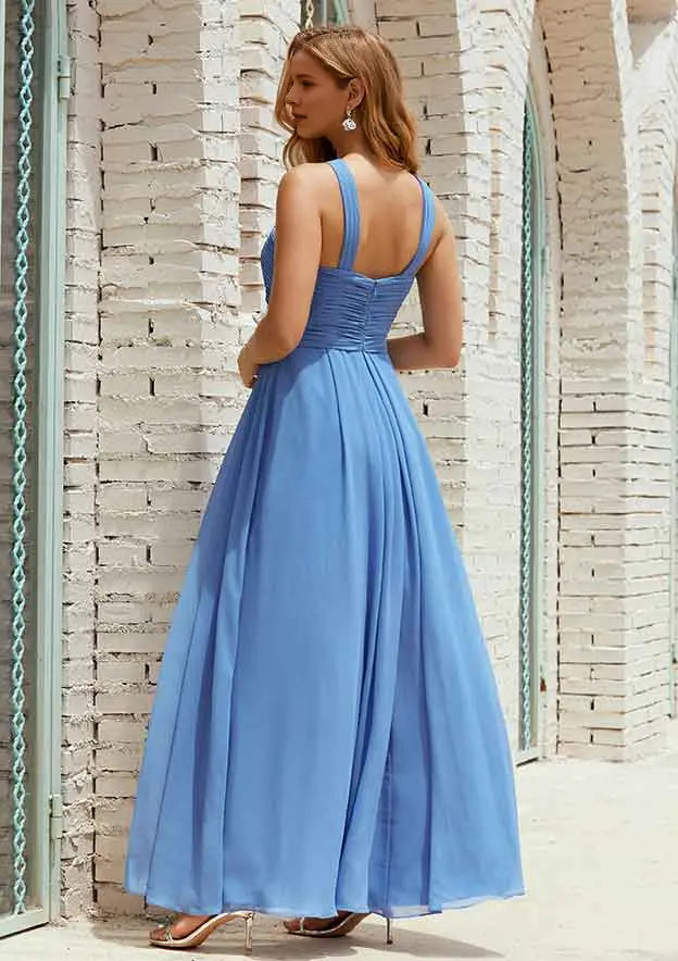 Elegant Blue Chiffon A-line Halter Sleeveless With Pleated Backless Affordable Long Bridesmaid Dress
