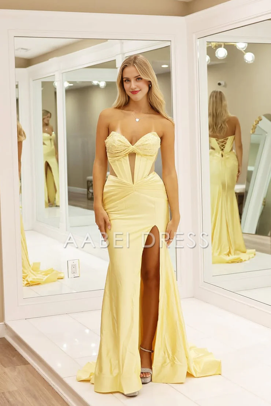 AABEI DRESS Prom Dress Cute Mermaid Sweetheart Satin with Beading Side Fork Hollow Out Long Dress Formal Dress