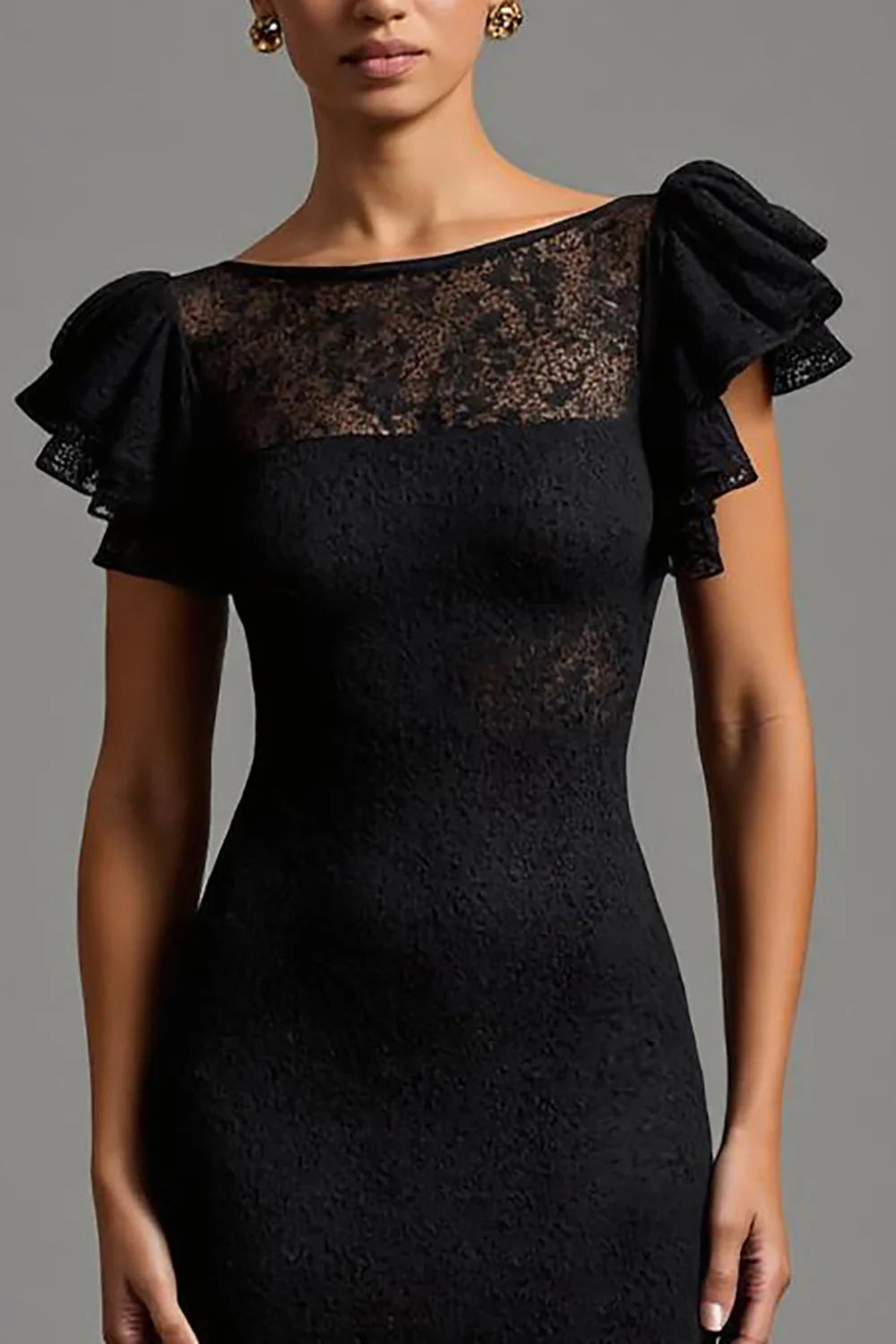 Charming Black Lace Mermaid Boat Neck V back Long Formal Dress with Ruffles Elegant Evening Dresses
