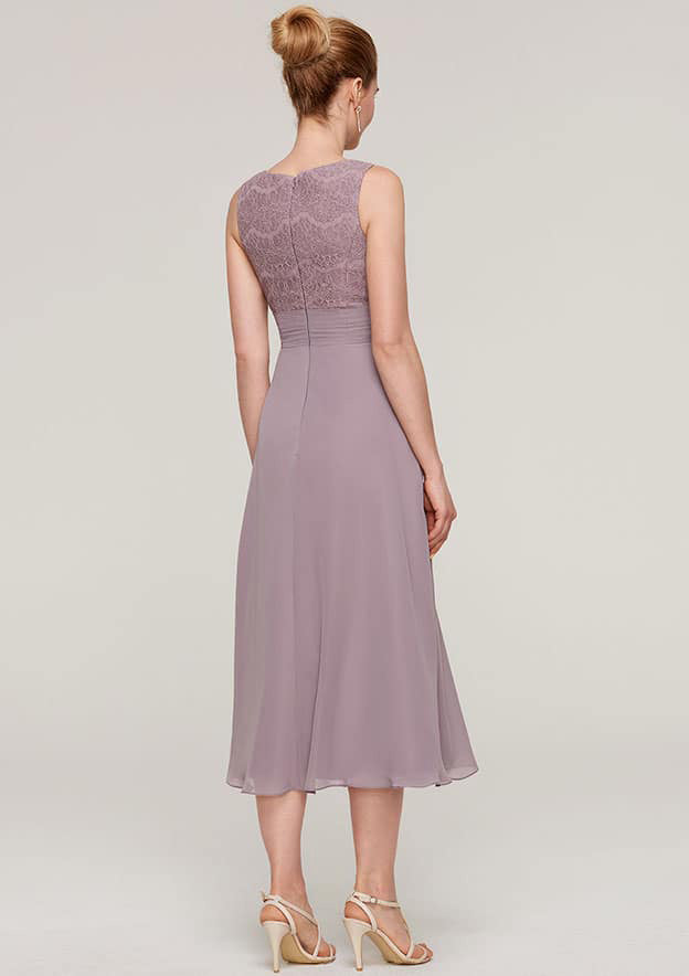 Retro Elegant Wedding Guest Dresses Chiffon A-line Scoop Neck With 1/2 Sleeve Lace Jacket Ruched Tea-Length Bargain Mother of the Bride Dress