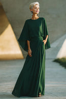 Dark Green Elegant A Line Round Neck Flutter Batwing Sleeve Waist Cincher Long Wedding Guest Dress For Women New Style Mother of the Bride Dress