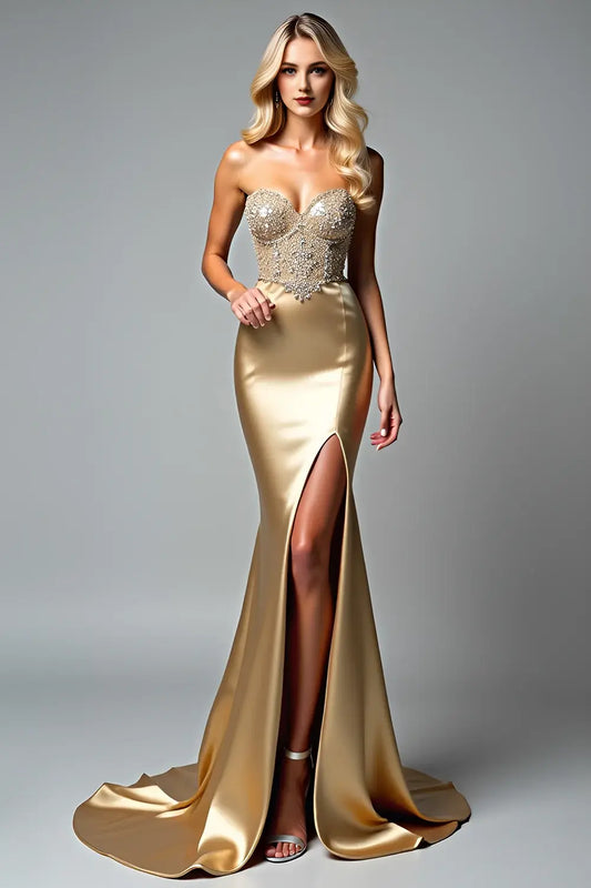 Beaded Golden Sheath Mermaid Sweetheart Neckline Strapless with Slit Long Formal Dress Gorgeous Evening Dresses