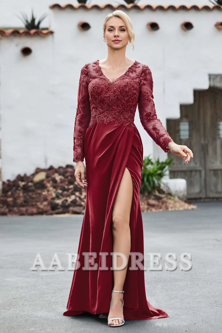 AABEI DRESS Mother of the Bride Dresses Lace V-neck Long Sleeves High Slit Elegant Dress Wedding Guests Dresses