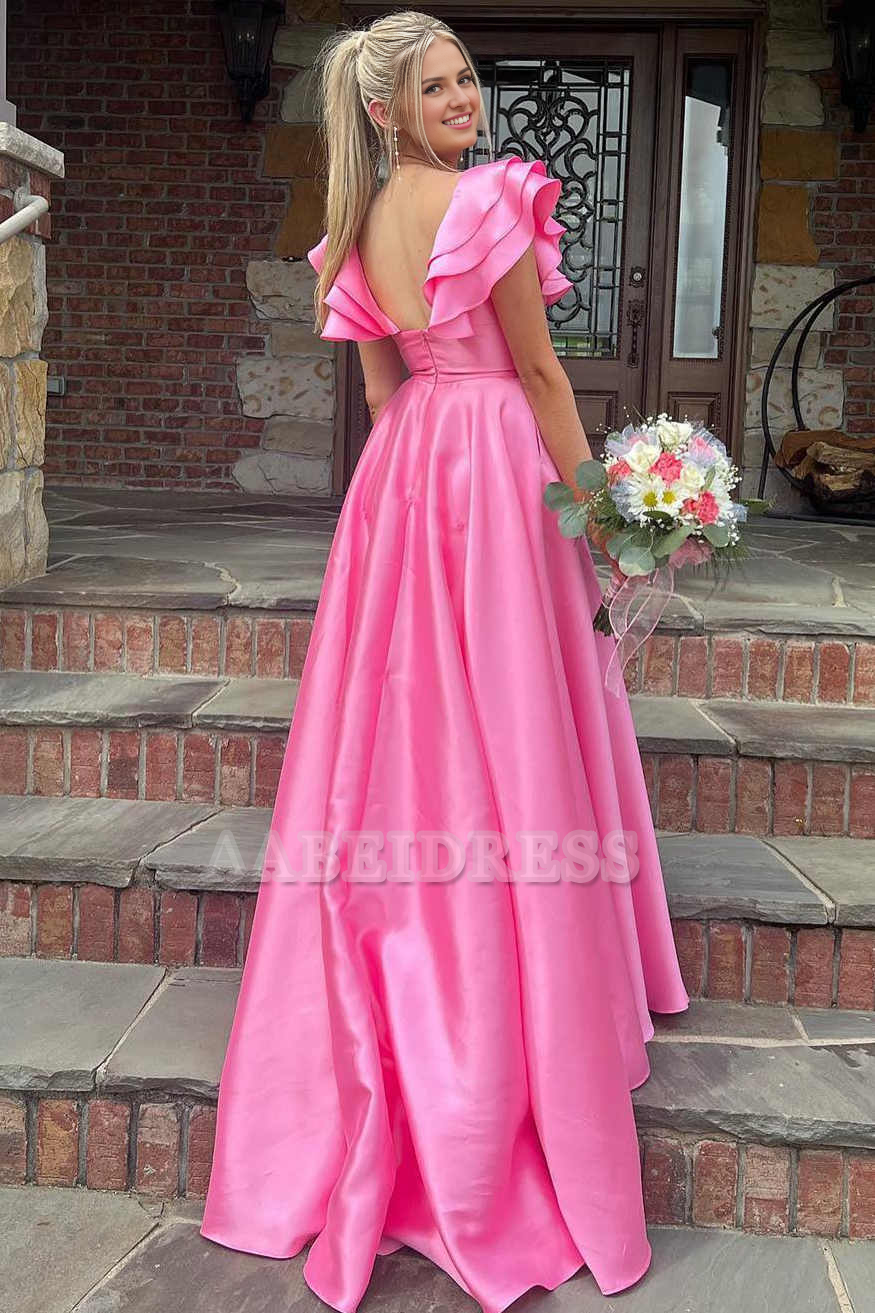 Evening Dress A-Line Deep V-Neck Ruffle Long Elegant Side Fork Gorgeous Formal Women's Dresses
