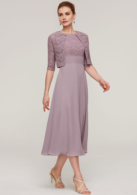 Mauve Chiffon A-Line Boat Neck Back Zip Tea-Length Dress