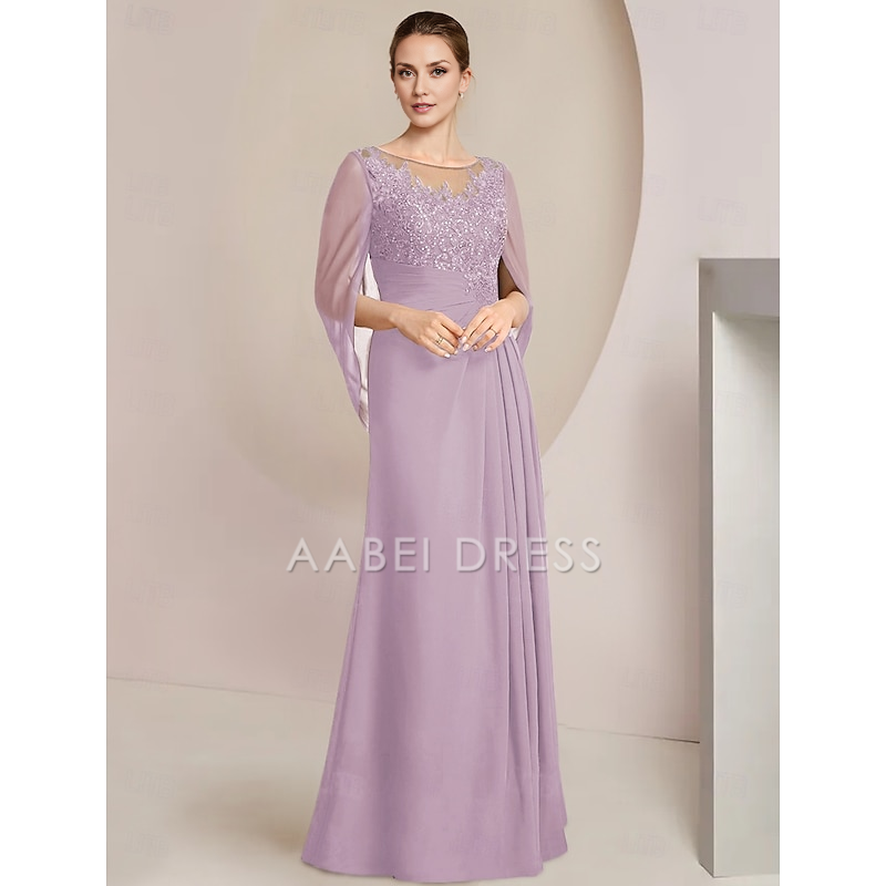 AABEI DRESS Wedding Guest Dress Elegant Sheath Jewel Neck Floor Length Chiffon Half Sleeve with Lace Side-Draped Mother of the Bride Dress