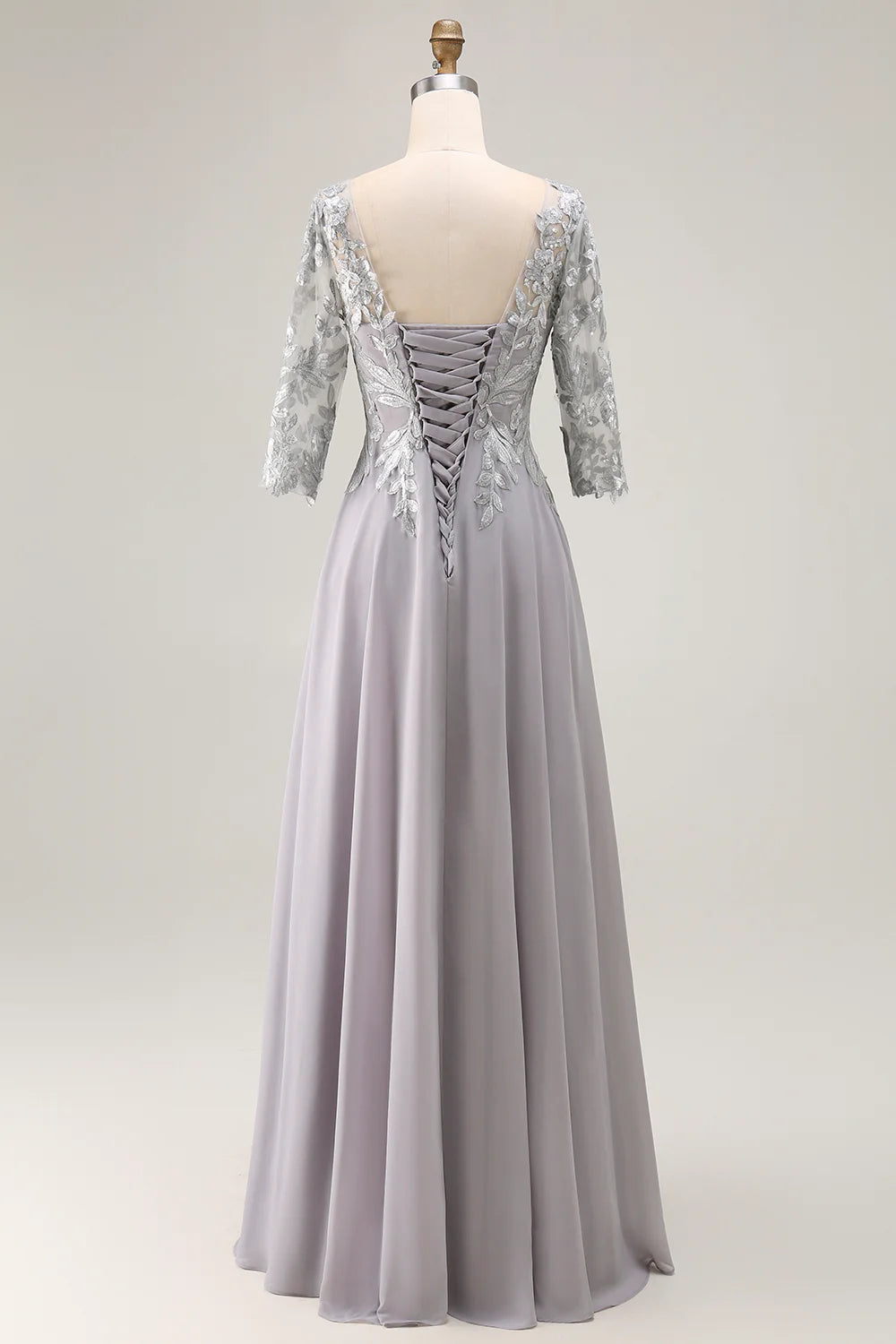 Wedding Guest Dress Silver A Line V-Neck 3/4 Long Sleeve with Lace Backless Elegant Long Mother of the Bride Dress