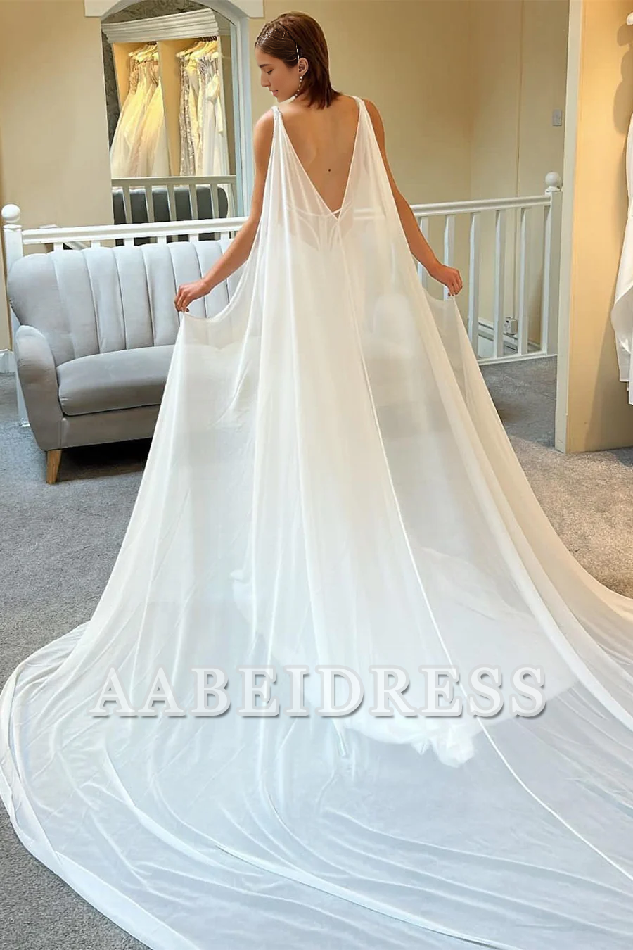 AABEI DRESS High Quality Elegant Simple Wedding Dress Deep V Neck Mermaid Backless Long Detachable Cape Formal Dresses