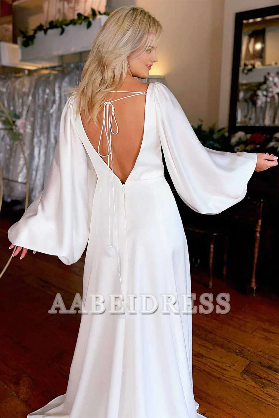 AABEI DRESS Exquisite Simple Wedding Dress V-Neck Long Sleeve Backless Long Wedding Dress Slit Charming Formal Dresses