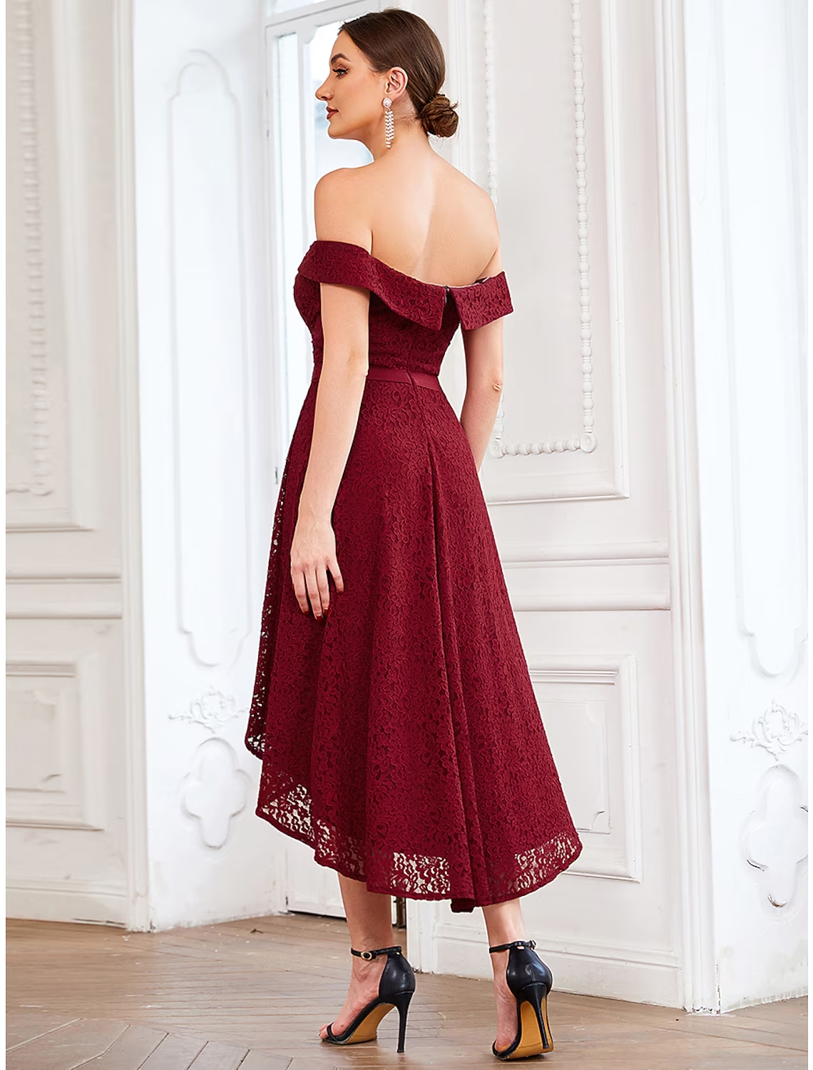 A-Line Homecoming Dresses Vintage Dress Homecoming Asymmetrical Sleeveless Off Shoulder Lace with Pleats Pure Color