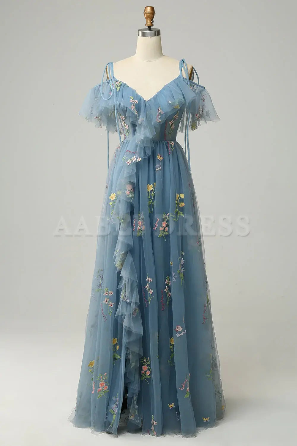 Prom Dress A-Line V-Neck Spaghetti Straps Ruched Side Fork Embroidery Lace Sweet Formal Wear Dresses