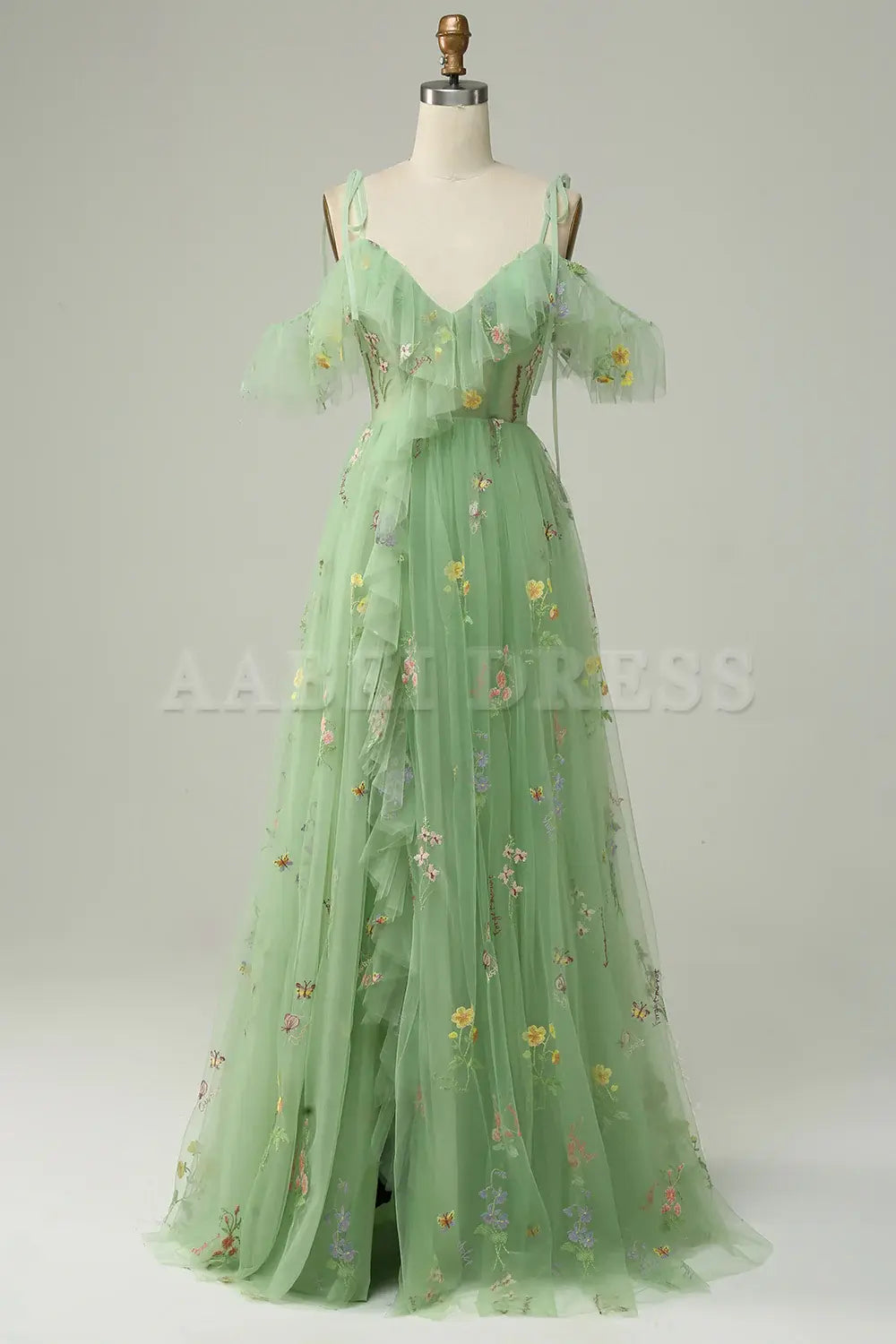 Prom Dress A-Line V-Neck Spaghetti Straps Ruched Side Fork Embroidery Lace Sweet Formal Wear Dresses